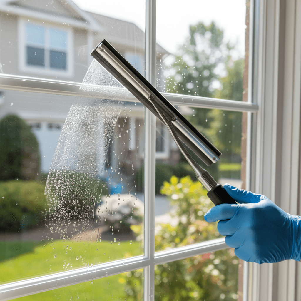 Close-up of professional window cleaning with squeegee